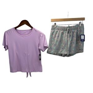Bundle: Girls Tie Back T-Shirt & Elastic Waist Logo Print Shorts - Grey Purple